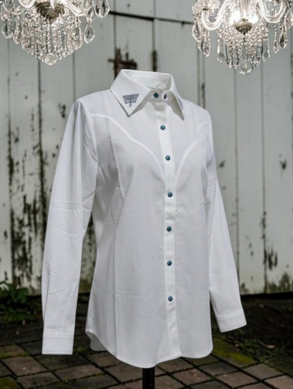 White Button-Up Shirt with Blue Accent Buttons